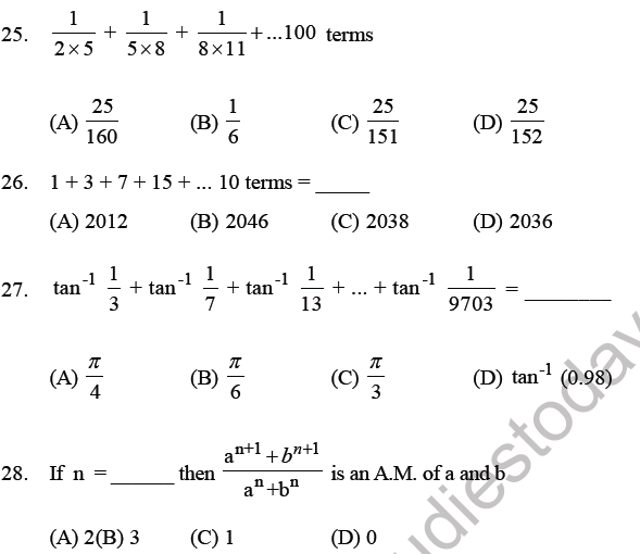 Jee Mathematics Sequence And Series Mcqs Set B With Answers